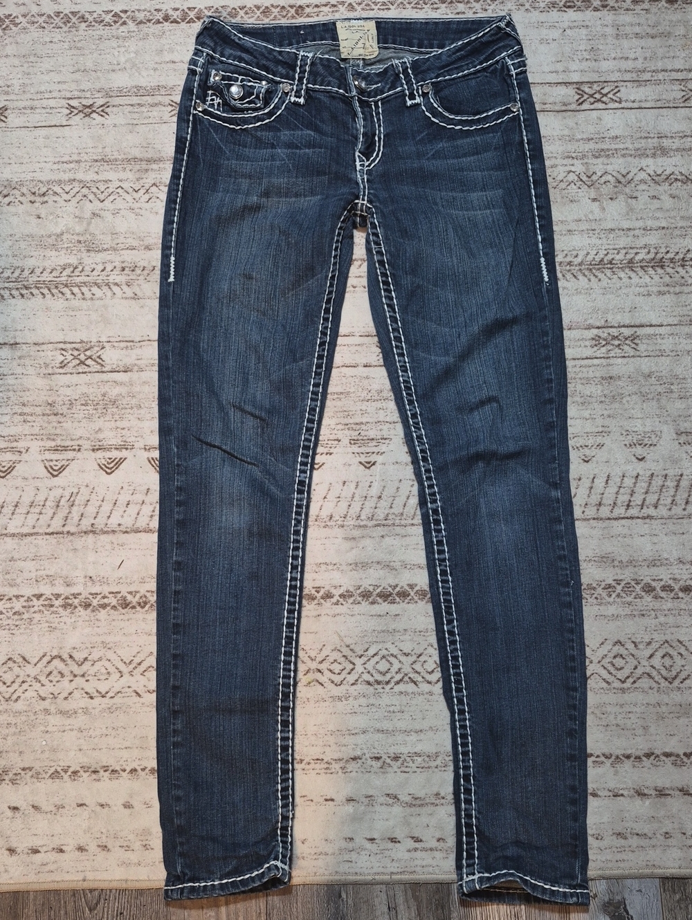 L.A. idol Dark Blue Skinny Jeans with White Contrast Stitching